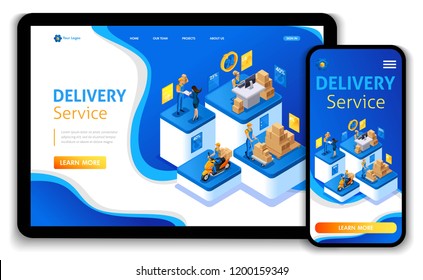 Design de modelo de site. Conceito isométrico Delivery serve. Entrega expressa, pedido online, call center. Fácil de editar e personalizar a página de destino, Responsive.