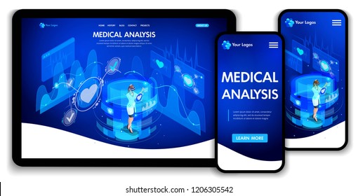 Website template design. Isometric concept medical analysis, doctors work on virtual screens. Web design landing page. Easy to edit and customize, adaptiive ui ux.