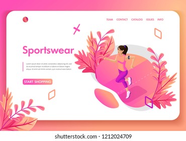 Website template design. Isometric concept autumn girl doing sports in the park. Sportswear and equipment store. Easy to edit and customize.