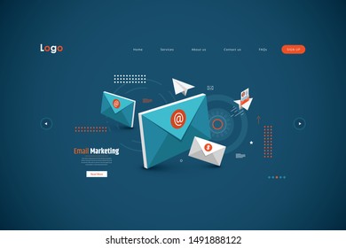 Website template design. Isometric concept Email Inbox Electronic Communication. E-mail marketing, marketing research. Easy to edit and customize landing page .