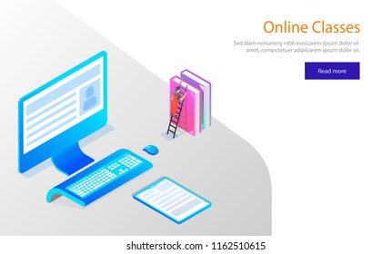 Website template design, isometric desktop with books and document, man climbing on ladder for Online Classes or E-Learning concept.