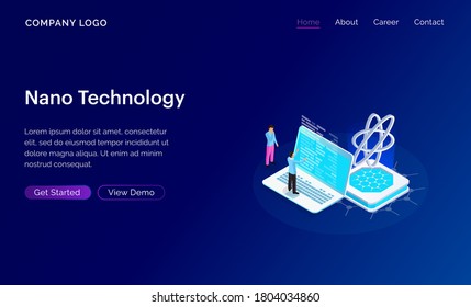 Website template design with Isometric Nano technology. Abstract scientific background with dynamic colors. Modern landing page for websites or apps. Vector illustration.