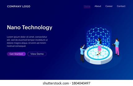 Diseño de plantillas de sitio web con tecnología Isometric Nano. Resumen del fondo científico con colores dinámicos. Página de inicio moderna para sitios web o aplicaciones. Ilustración vectorial.