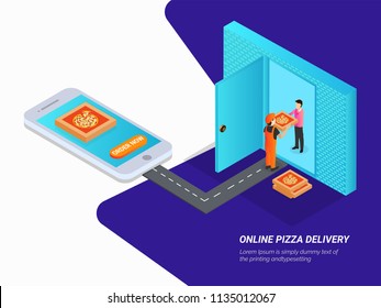 Website template design , isometric view of smartphone with food mobile app, delivery boy delivered the order to the destination point.