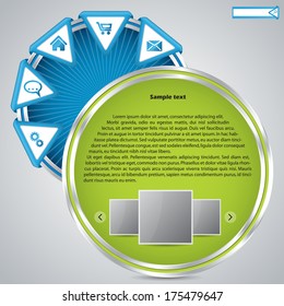 Website template design with metallic rings and arrow buttons