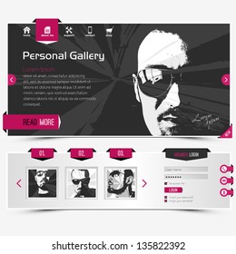 website template design for personal gallery, contains textured cyclamen labels, icons and four sample vector portraits