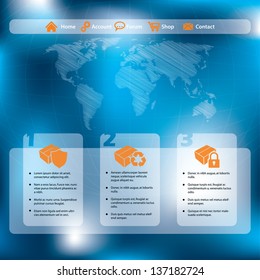 Website template design with products and abstract blue background