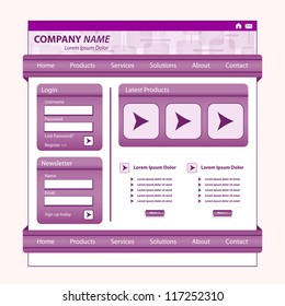 Website template design, purple corporate style, patterned banner, login module and stylish navigation bars