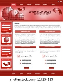 Website template design, red corporate style, layout and header elements.
