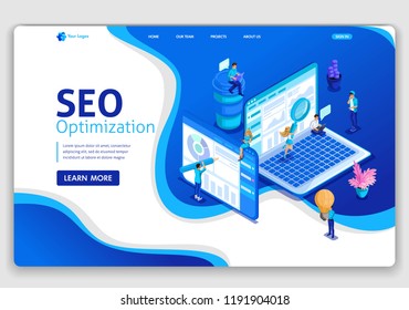 Website template design SEO analytics landing page. Isometric Search engine optimization analysis concept. IT specialists working. Easy to edit and customize.