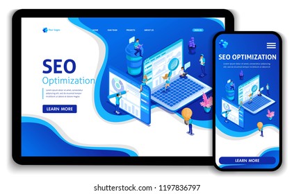 Website template design SEO analytics landing page. Isometric Search engine optimization analysis concept. IT specialists working. Easy to edit and customize