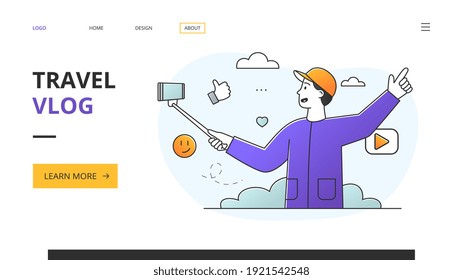 Website template design for a travel vlog with copyspace showing young male vlogger tourist recording selfie on his mobile phone, minimal style flat colored vector illustration. Landing page template