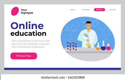 Website template design. Vector illustration concept of online education. Chemistry teacher gives lessons remotely. Video tutorials.