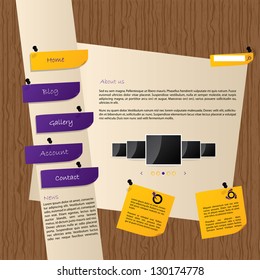 Website template design with wooden background and post its