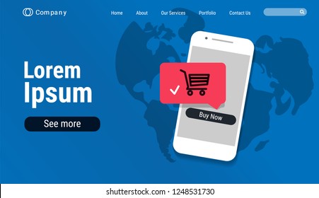 website template designs. smart phone and mobile phone on map. Mobile app banner design, website, landing page, poster design for print or web, media, promotional material. flat vector illustration