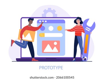 Website template development. Man and girl created prototype. Creation of mobile application, layout, design. Employees in office, tablet, screen, modern technology.