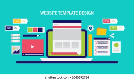 Website Template Development - Website Redesign - Programming And Coding Flat Vector Banner Illustration With Icons