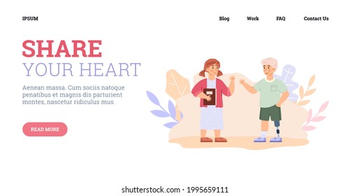 Plantilla de sitio web con niños discapacitados y sanos, ilustración vectorial de dibujos animados. Página de inicio de apoyo a la adaptación social y la caridad de los niños con discapacidad.