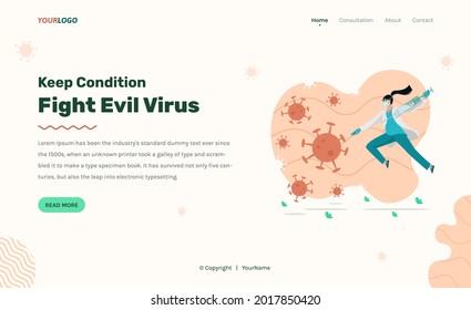 website template with doctor illustration fighting virus, with mask and syringe, can be used for info graphic print banner flyer etc