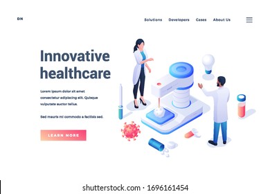 Website template with doctors developing new technologies to fight with virus and diseases offering information to learn about innovative ways of healthcare. Isometric banner, landing page template