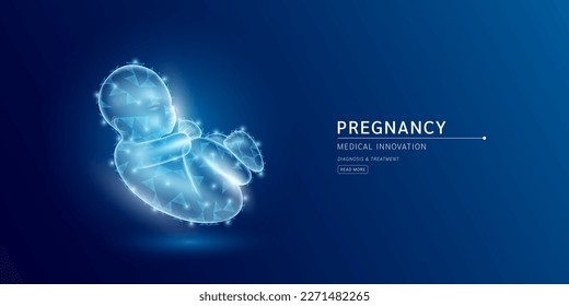 Website template. Embryo in fetal position. Child in polygonal triangles futuristic glowing infant hologram. Pregnancy and artificial insemination medical innovation concept. Banner vector.