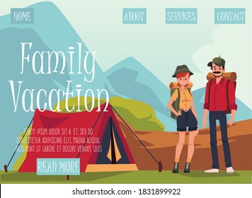 Website template for family vacation on nature or camping, flat vector illustration. Landing page mockup with cartoon characters of tourists or hikers.