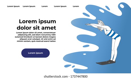 
Website template of female swimmer in swimsuit with diving fins and diving goggles. Summer, swimming pool, beach.
