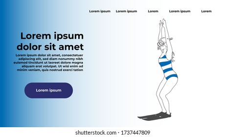 
Website template of female swimmer in swimsuit with diving fins and diving goggles. Summer, swimming pool, beach.