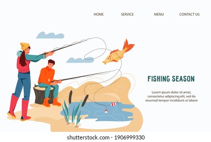 Website template for fishing and camping activity with fishers man and woman, flat vector illustration. Fishery and camping hobby, active recreation in nature concept of web landing page interface.