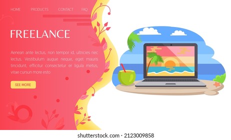 Website template for freelance or remote works on computer from home office. Convenient schedule of work during holiday at resort, on weekends. Remote freelance for effective time management