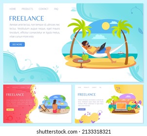 Website template for freelance or remote works on computer from home office. Convenient schedule of work during holiday at resort, on weekends. Remote freelance for effective time management