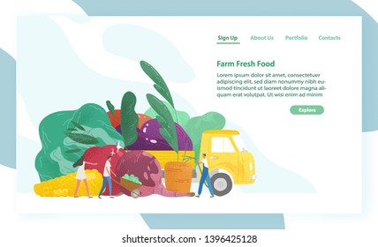 Website Template With Giant Vegetables, Truck And Tiny People Or Farmers. Organic Fresh Food. Agriculture Or Farm Market, Festival Or Fair. Flat Colorful Vector Illustration For Event Advertisement.