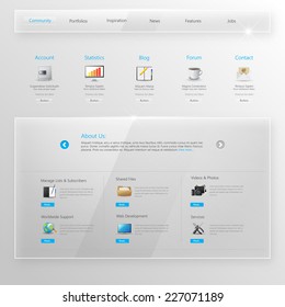 Website Template, Glass Transparent Minimalistic design with icons and buttons
