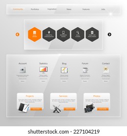 Website Template, Glass Transparent Minimalistic design with icons and buttons