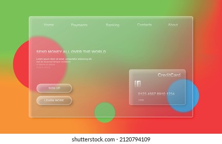 Website template in glassmorphism style vector illustration. Colorful landing page concept.