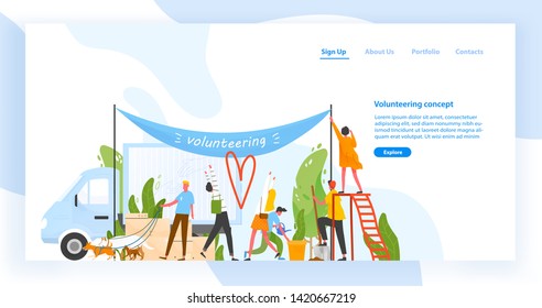 Website template with group of men and women volunteering, doing volunteer work or performing altruistic activities together. Modern flat vector illustration for charity organization advertisement.