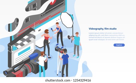 Website template with group of people shooting video and place for text. Videography service or film production studio. Trendy colorful isometric vector illustration for advertisement, promotion.