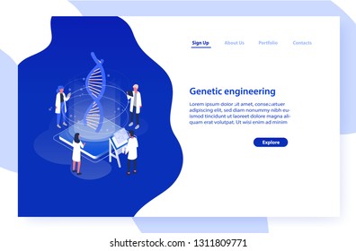 Plantilla de sitio web con un grupo de científicos o investigadores analizando la molécula de ADN. Ingeniería genética, biotecnología y modificación del genoma. Ilustración vectorial isométrica moderna para publicidad.