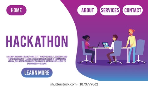 Website template for hackathon competition of programists and developers, flat vector illustration. Project team realizing programming and coding hackathon challenge.