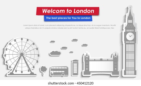 Website template header with the London landscape on stickers. Main place of Big Ben, Tower Bridge, the phone and the bus. Vector illustration. Set