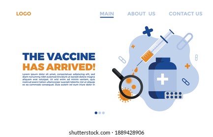 website template health care center with vaccine icons. Coronavirus vaccine pandemic concept. medical care flyer web page concept. 