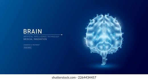 Website template. Human brain anatomy translucent low poly triangles. Futuristic glowing organ hologram on dark blue background. Medical innovation diagnosis treatment concept. Banner vector EPS10.