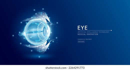 Website template. Human eyeball anatomy translucent low poly triangles. Futuristic glowing organ hologram on dark blue background. Medical innovation diagnosis treatment concept. Banner vector.