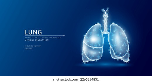 Website template. Human lung anatomy translucent low poly triangles. Futuristic glowing organ hologram on dark blue background. Medical innovation diagnosis treatment concept. Banner vector.