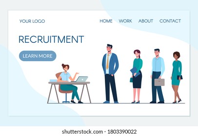 Website Template Human Resources Department. Competition of people for work, queue for an interview. Men and women want to get a job. Vector webpage, flat isolated.