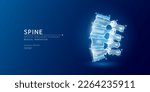 Website template. Human spine bone anatomy translucent low poly triangles. Futuristic glowing organ hologram on dark blue background. Medical innovation diagnosis treatment concept. Banner vector.