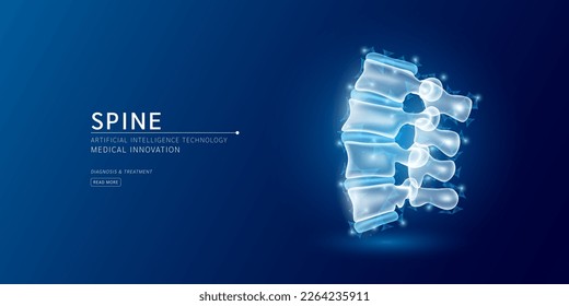 Website template. Human spine bone anatomy translucent low poly triangles. Futuristic glowing organ hologram on dark blue background. Medical innovation diagnosis treatment concept. Banner vector.