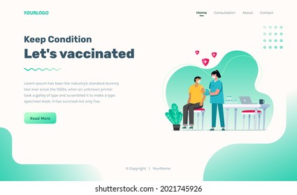 Website template Illustration of a nurse vaccinating a patient, with a syringe, a vaccine bottle, table, chair and plants
