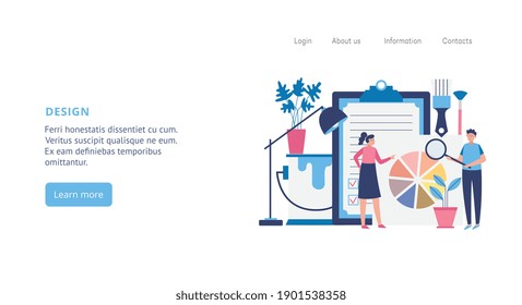 Plantilla web para agencia de diseño interior con personajes, ilustración vectorial plana. Banner de la página web del estudio de diseño interior y arquitectura.