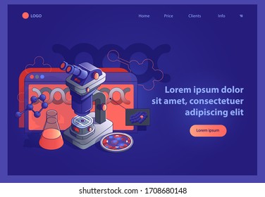 Website template with isometric laboratory equipment. Microscope, tests, DNA, microbiology, biotechnology and other different elements. For pharmacy, scientific or medical industry.